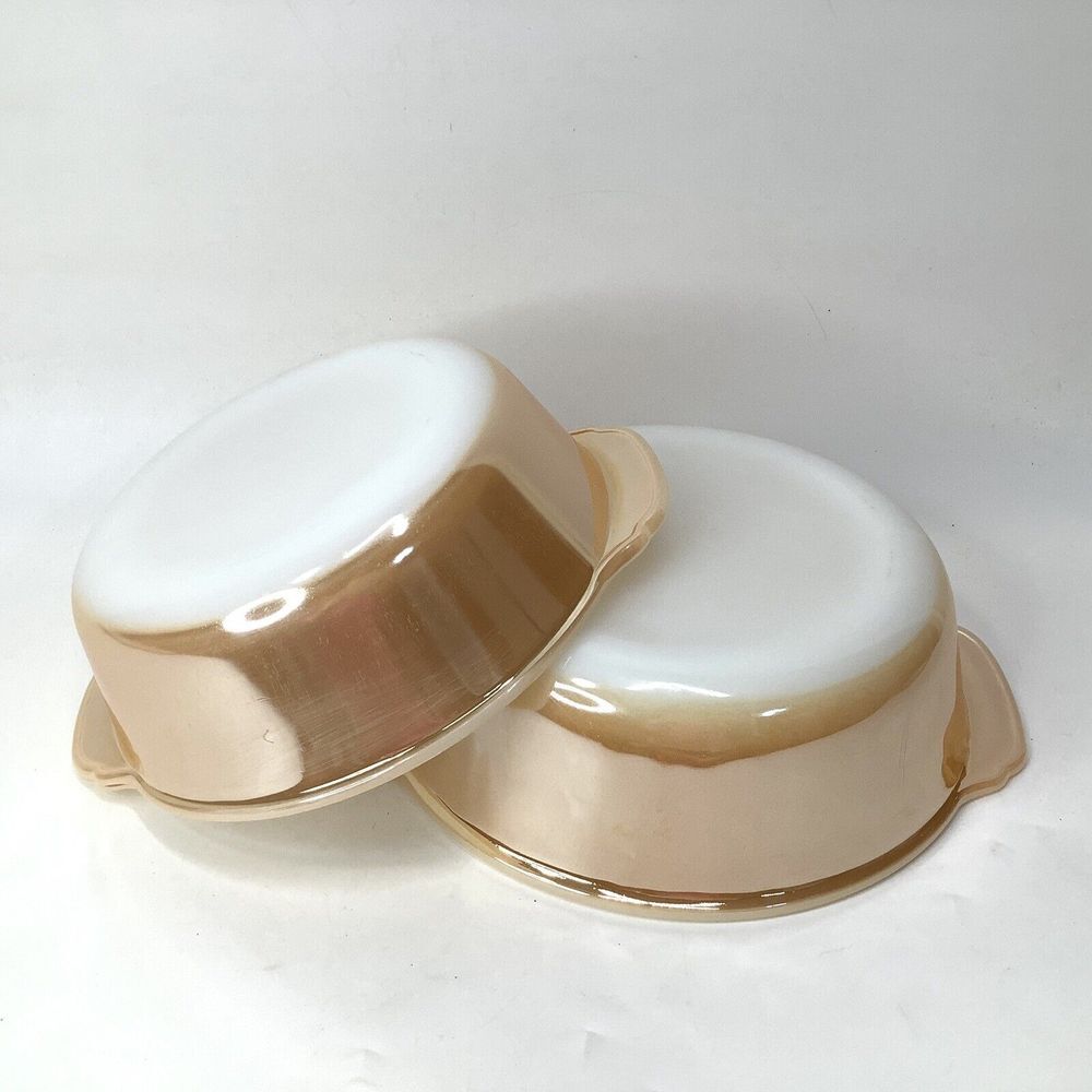 2 Vtg Anchor Hocking Ovenware Peach Luster Ware Bowl 1‎ Qt & 1 1/2  Qt Fire King